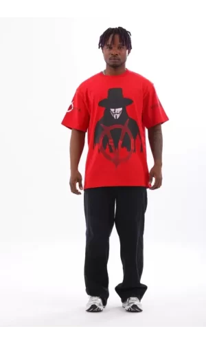 Unisex Oversize Baskılı Bisiklet Yaka T-Shirt - Kırmızı