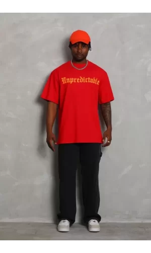 Unisex Oversize Baskılı Bisiklet Yaka T-Shirt - Kırmızı