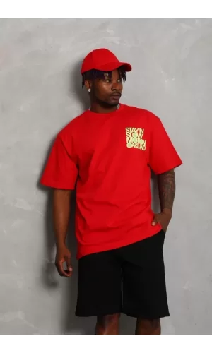 Unisex Oversize Baskılı Bisiklet Yaka T-Shirt - Kırmızı