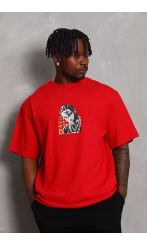 Luz&Pos Unisex Oversize Baskılı Bisiklet Yaka T-shirt - Kırmızı