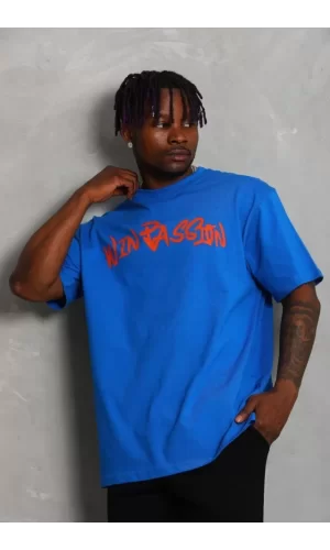 Unisex Oversize Baskılı Bisiklet Yaka T-Shirt - Mavi