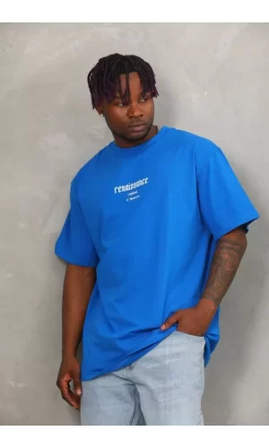 Unisex Oversize Baskılı Bisiklet Yaka T-Shirt - Mavi