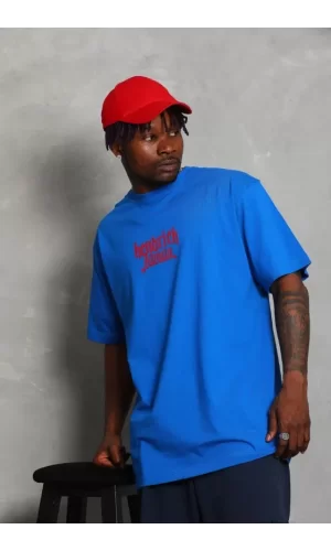 Unisex Oversize Baskılı Bisiklet Yaka T-Shirt - Mavi