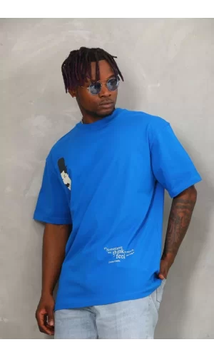 Luz&Pos Unisex Oversize Baskılı Bisiklet Yaka T-shirt - Mavi