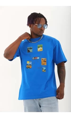 Unisex Oversize Baskılı Bisiklet Yaka T-Shirt - Mavi