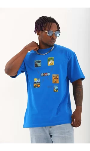 Luz&Pos Unisex Oversize Baskılı Bisiklet Yaka T-shirt - Mavi