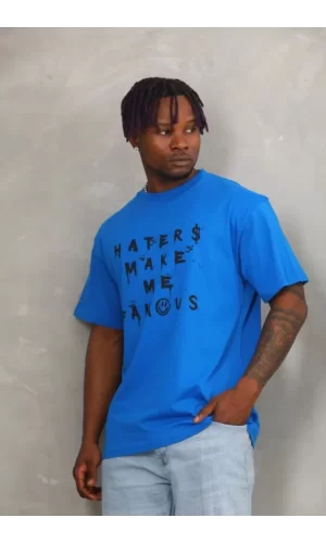 Unisex Oversize Baskılı Bisiklet Yaka T-Shirt - Mavi