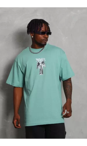 Luz&Pos Unisex Oversize Baskılı Bisiklet Yaka T-shirt - Mint Yeşili