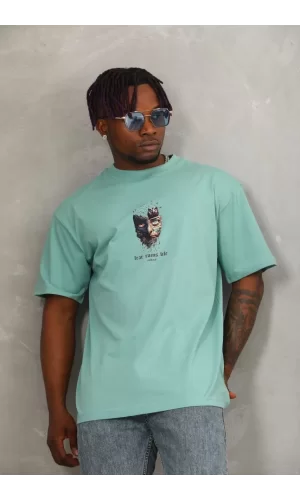 Luz&Pos Unisex Oversize Baskılı Bisiklet Yaka T-shirt - Mint Yeşili