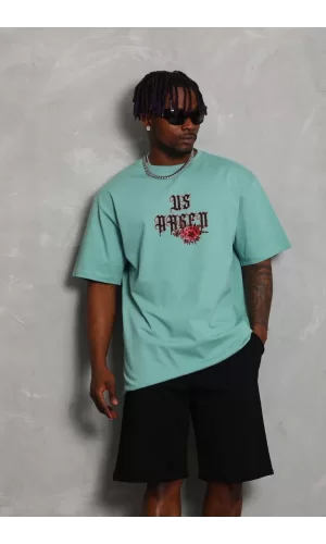 Luz&Pos Unisex Oversize Baskılı Bisiklet Yaka T-shirt - Mint Yeşili