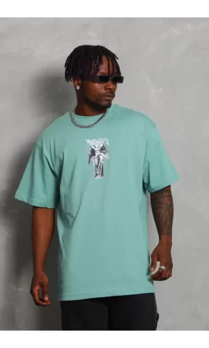 Unisex Oversize Baskılı Bisiklet Yaka T-Shirt - Mint Yeşili
