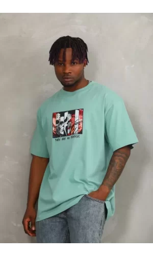 Unisex Oversize Baskılı Bisiklet Yaka T-Shirt - Mint Yeşili