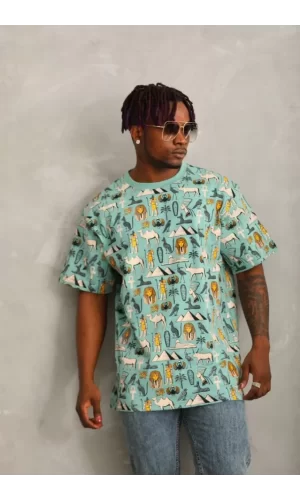 Unisex Oversize Baskılı Bisiklet Yaka T-Shirt - Mint Yeşili