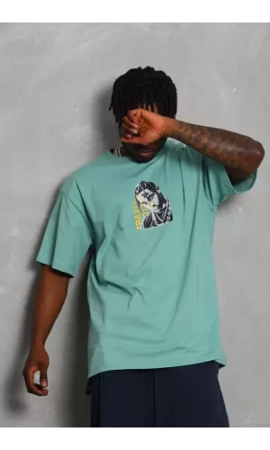 Unisex Oversize Baskılı Bisiklet Yaka T-Shirt - Mint Yeşili