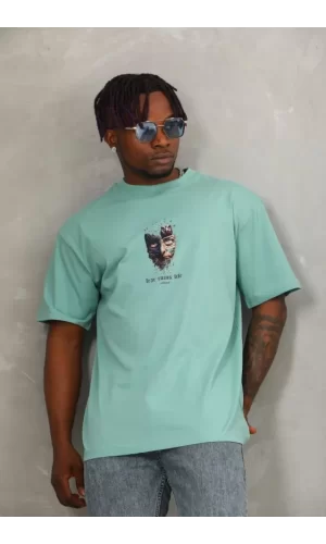 Unisex Oversize Baskılı Bisiklet Yaka T-Shirt - Mint Yeşili