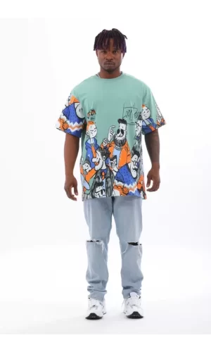 Unisex Oversize Baskılı Bisiklet Yaka T-Shirt - Mint Yeşili