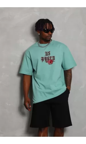 Unisex Oversize Baskılı Bisiklet Yaka T-Shirt - Mint Yeşili