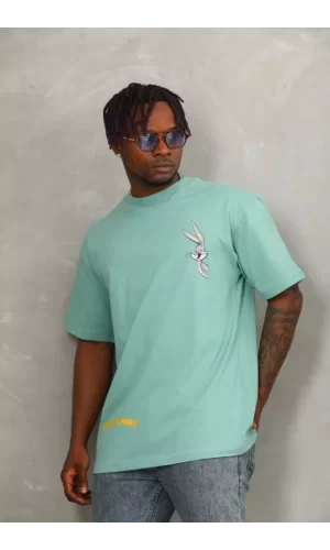 Unisex Oversize Baskılı Bisiklet Yaka T-Shirt - Mint Yeşili