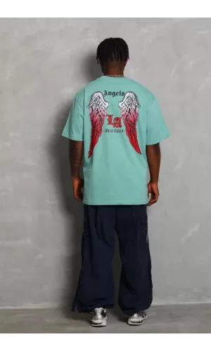 Unisex Oversize Baskılı Bisiklet Yaka T-Shirt - Mint Yeşili