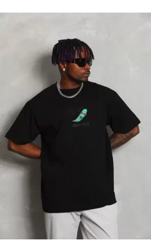 Unisex Oversize Baskılı Bisiklet Yaka T-Shirt - Siyah