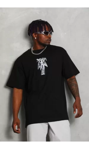 Unisex Oversize Baskılı Bisiklet Yaka T-Shirt - Siyah