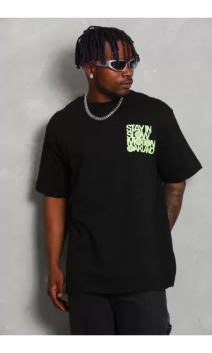 Unisex Oversize Baskılı Bisiklet Yaka T-Shirt - Siyah