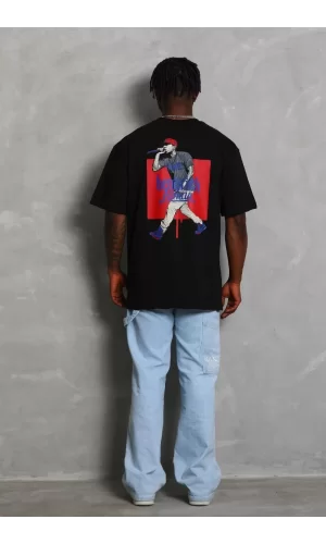 Luz&Pos Unisex Oversize Baskılı Bisiklet Yaka T-shirt - Siyah