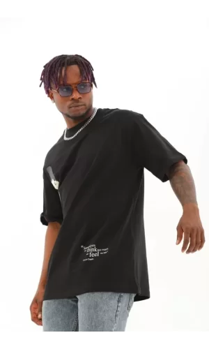 Unisex Oversize Baskılı Bisiklet Yaka T-Shirt - Siyah
