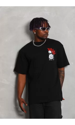 Luz&Pos Unisex Oversize Baskılı Bisiklet Yaka T-shirt - Siyah
