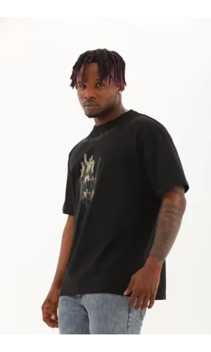 Unisex Oversize Baskılı Bisiklet Yaka T-Shirt - Siyah