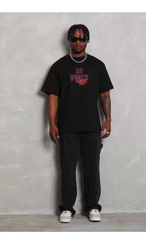 Luz&Pos Unisex Oversize Baskılı Bisiklet Yaka T-shirt - Siyah