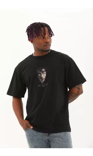 Luz&Pos Unisex Oversize Baskılı Bisiklet Yaka T-shirt - Siyah