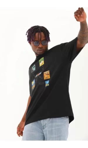 Luz&Pos Unisex Oversize Baskılı Bisiklet Yaka T-shirt - Siyah