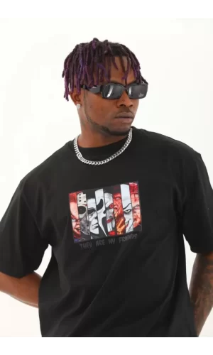 Unisex Oversize Baskılı Bisiklet Yaka T-Shirt - Siyah
