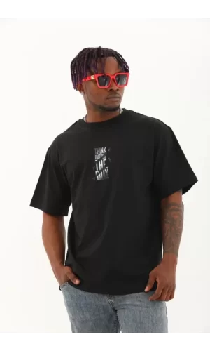 Unisex Oversize Baskılı Bisiklet Yaka T-Shirt - Siyah