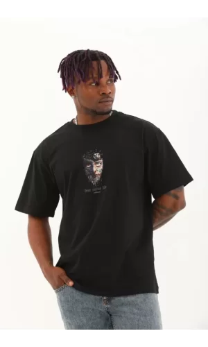 Unisex Oversize Baskılı Bisiklet Yaka T-Shirt - Siyah