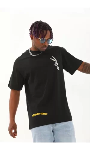 Unisex Oversize Baskılı Bisiklet Yaka T-Shirt - Siyah