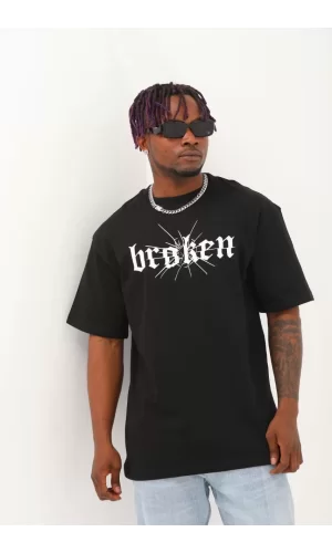 Luz&Pos Unisex Oversize Baskılı Bisiklet Yaka T-shirt - Siyah