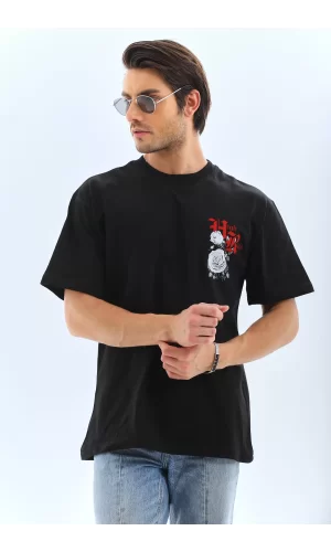 Luz&Pos Unisex Oversize Baskılı Bisiklet Yaka T-shirt - Siyah