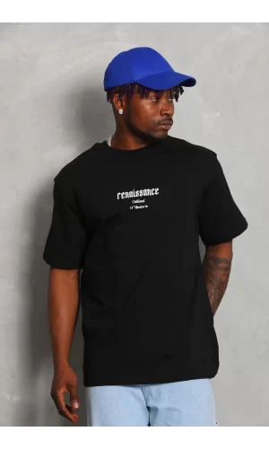 Luz&Pos Unisex Oversize Baskılı Bisiklet Yaka T-shirt - Siyah