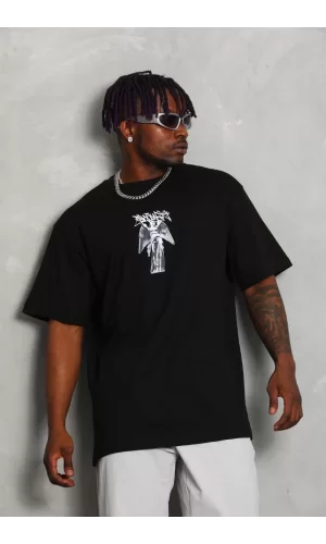 Luz&Pos Unisex Oversize Baskılı Bisiklet Yaka T-shirt - Siyah