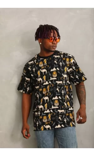 Unisex Oversize Baskılı Bisiklet Yaka T-Shirt - Siyah
