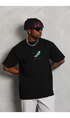 Luz&Pos Unisex Oversize Baskılı Bisiklet Yaka T-shirt - Siyah