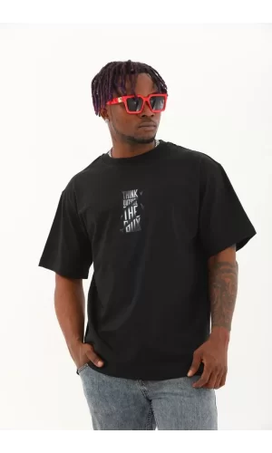Luz&Pos Unisex Oversize Baskılı Bisiklet Yaka T-shirt - Siyah