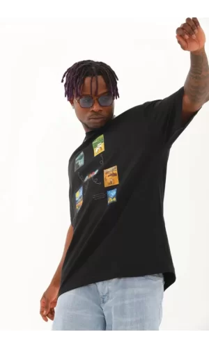 Unisex Oversize Baskılı Bisiklet Yaka T-Shirt - Siyah