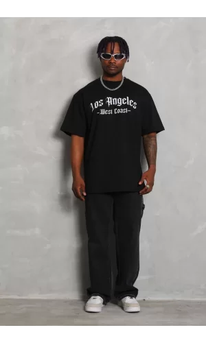 Luz&Pos Unisex Oversize Baskılı Bisiklet Yaka T-shirt - Siyah