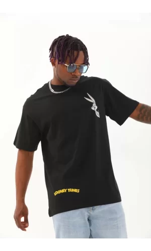 Luz&Pos Unisex Oversize Baskılı Bisiklet Yaka T-shirt - Siyah