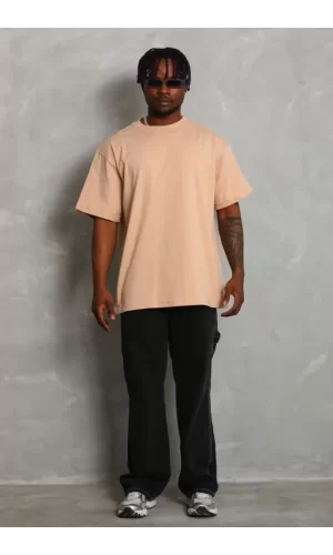 Unisex Oversize Düz Bisiklet Yaka T-Shirt - Bej