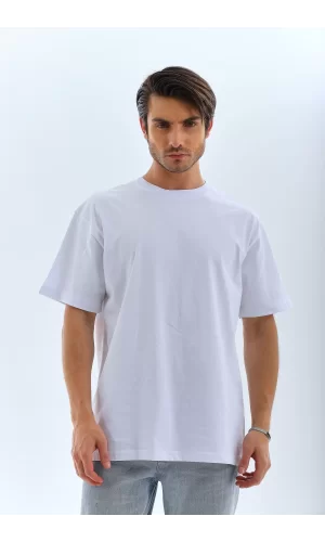 Luz&Pos Unisex Oversize Düz Bisiklet Yaka T-shirt - Beyaz