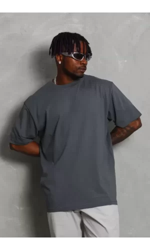 Unisex Oversize Düz Bisiklet Yaka T-Shirt - Füme